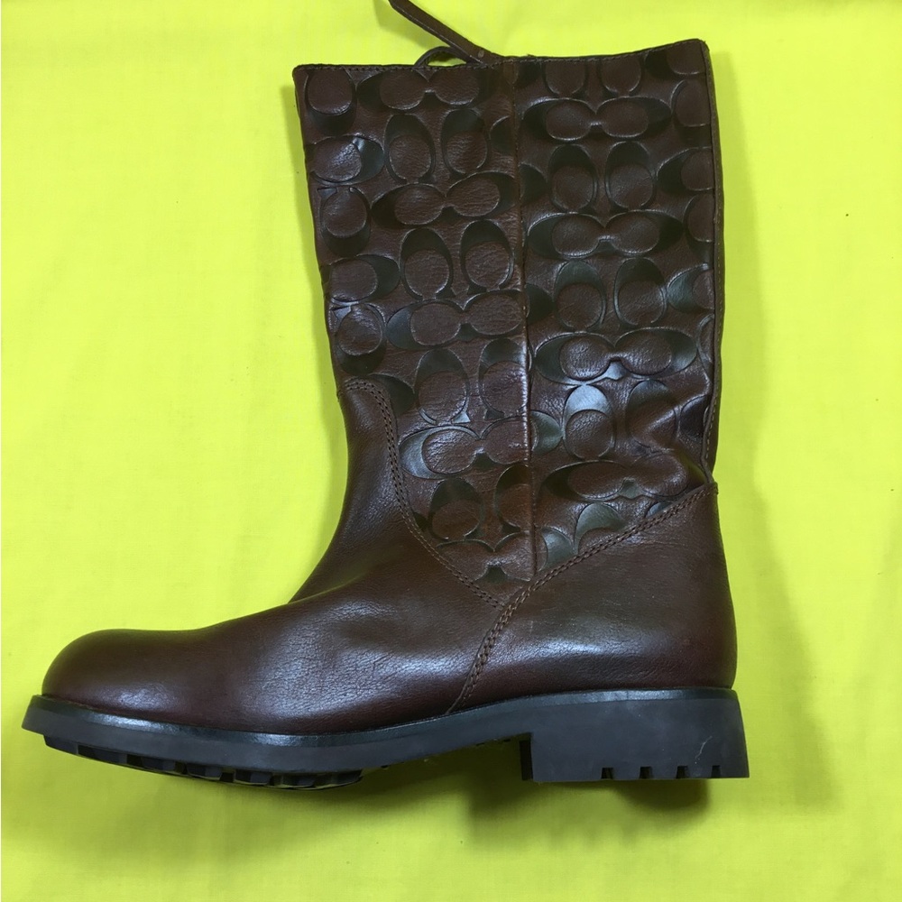 Coach Brown Leather Valentine Mid-Calf Logo-Embossed Boot with Gold-Zip SZ 8 - Picture 7 of 12